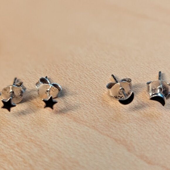 Moon and Star Sterling Silver Stud Earrings (2 pairs) ⭐🌙 - Picture 1 of 3